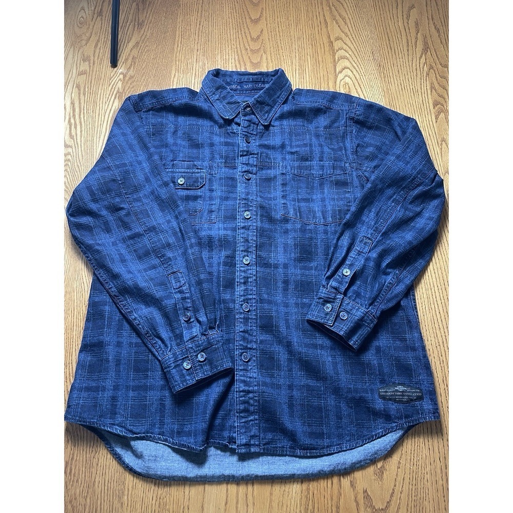 Harley Davidson Motor Co. Biker Long Sleeve Button Blue Plaid Shirt Size XL